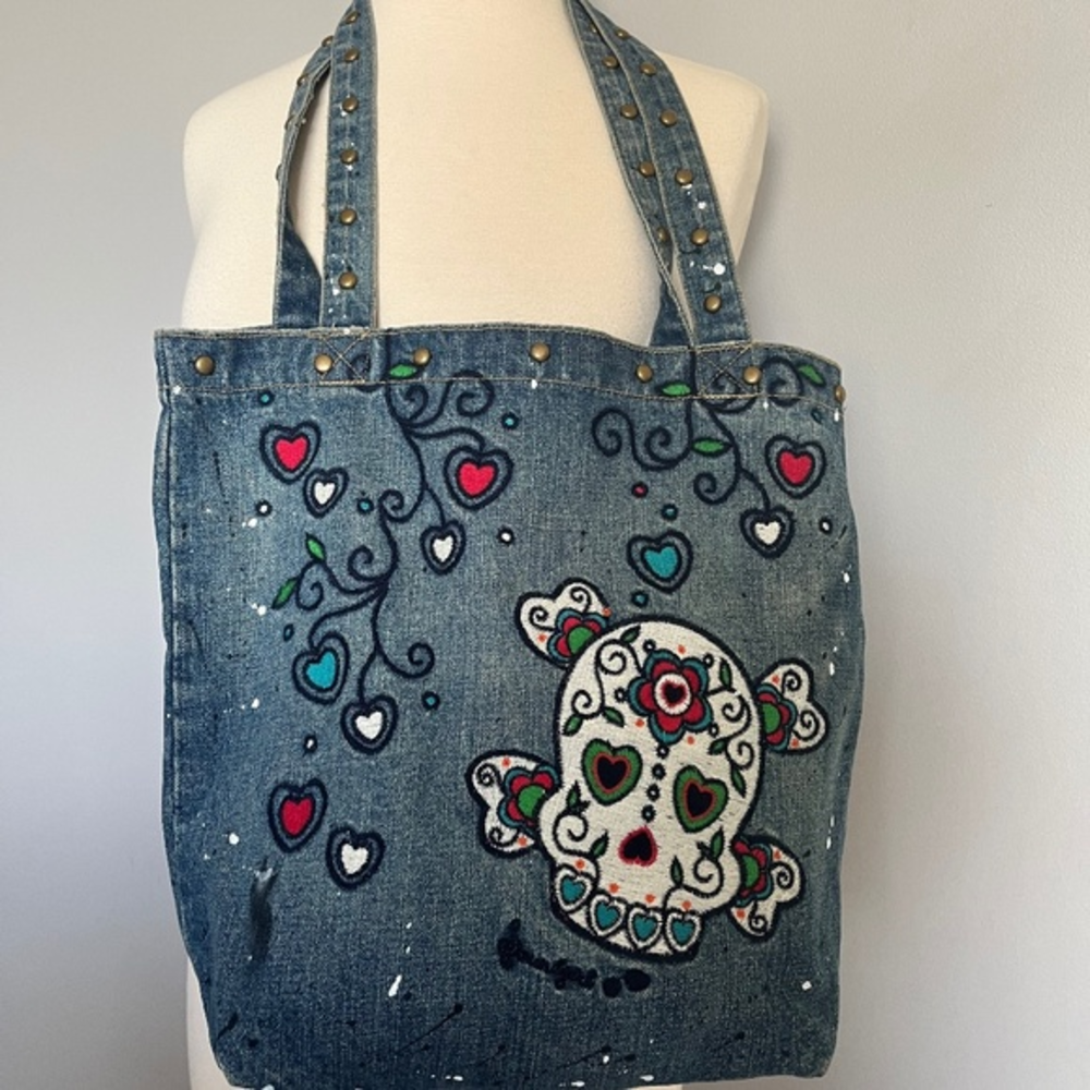 Soundgirl Denim‎ Sugar Scull Splatter Heart Embroidered Stud Shoulder Bag Purse